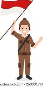 Heróis indonésios de uniforme segurando a bandeira nacional para o dia dos heróis