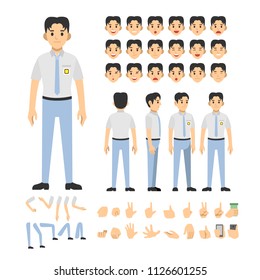 indonesian high school boy character set. Full length. Different view, emotion, gesture.
