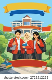 Indonesian high school students wearing uniforms standing in front of a school building with a banner, education concept vector illustration.