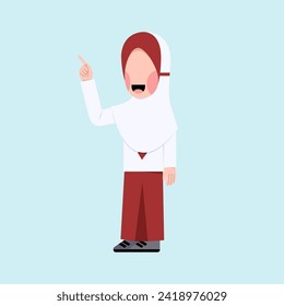 Estudiante de primer año indonesio con hiyab explicando gesto