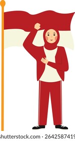 Indonesian Hijab Women Holding Indonesian Flag. Vector Illustration in Cartoon Style.