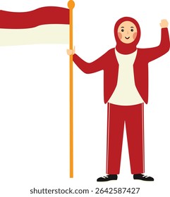 Indonesian Hijab Women Holding Indonesian Flag. Vector Illustration in Cartoon Style.