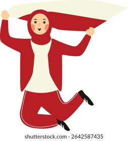 Indonesian Hijab Women Holding Indonesian Flag. Vector Illustration in Cartoon Style.