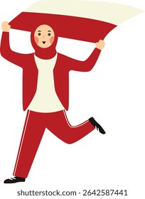 Indonesian Hijab Women Holding Indonesian Flag. Vector Illustration in Cartoon Style.