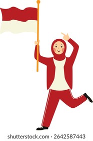 Indonesian Hijab Women Holding Indonesian Flag. Vector Illustration in Cartoon Style.