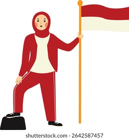 Indonesian Hijab Women Holding Indonesian Flag. Vector Illustration in Cartoon Style.