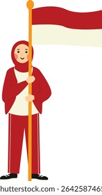 Indonesian Hijab Women Holding Indonesian Flag. Vector Illustration in Cartoon Style.