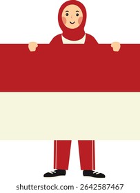 Indonesian Hijab Women Holding Indonesian Flag. Vector Illustration in Cartoon Style.
