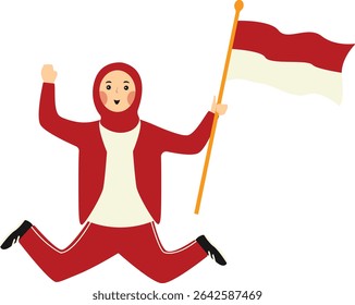 Indonesian Hijab Women Holding Indonesian Flag. Vector Illustration in Cartoon Style.