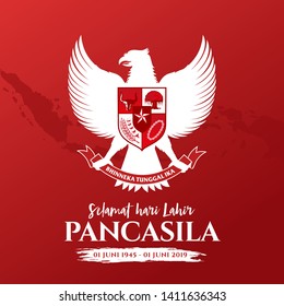 Indonesian Holiday Pancasila Day Illustration. Translation: June 01, 1945-June 01, 2019 Happy Pancasila day. caption:  Unity in Diversity. Suitable for greeting card, poster and banner.