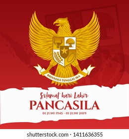 Indonesian Holiday Pancasila Day Illustration. Translation: June 01, 1945-June 01, 2019 Happy Pancasila day. caption:  Unity in Diversity. Suitable for greeting card, poster and banner. svg