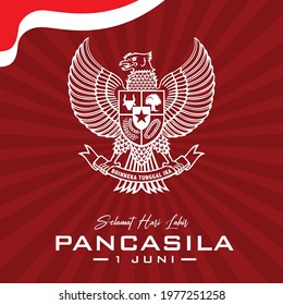 Indonesian Holiday Pancasila Day Illustration. Translation: June 01, 1945-June 01, 2019 Happy Pancasila day. caption: Unity in Diversity. Suitable for greeting card, poster and banner.