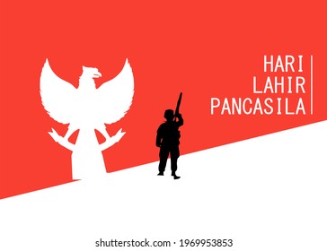 Indonesian Holiday Pancasila Day with soldier illustration. Translation: Happy Pancasila day. caption: Unity in Diversity. Suitable for greeting card, poster and banner.