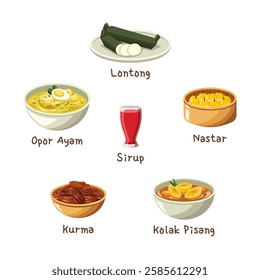 Indonesian Iftar food vector. Indonesian chicken curry (opor), dates, nastar, coconut syrup, Indonesian banana compote, rice steamed in a banana leaf (lontong).