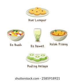 Indonesian Iftar food(takjil) vector. Mud cake (kue lumpur), dawet (cendol), coconut pudding, mix fruit with ice (es buah), banana compote (kolak pisang).