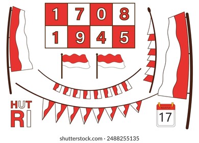 Indonesian independence 17 august 1945 independence day elements with flags, traditional competitions, red and white decorations, and birthday numbers