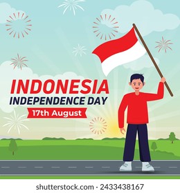 Banner De Ilustración Vectorial Del Día De Las Celebraciones De La Independencia De Indonesia Y Set De Diseño De Publicaciones De Medios Sociales, Plantilla De Afiche Del Día De La Celebración Del Día De La Independencia De Indonesia, Con Bandera, Democracia Feliz.
