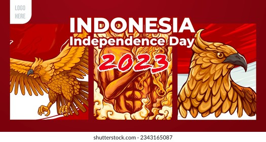Indonesian Independence Day 2023 with illustration of a hero and eagle wings