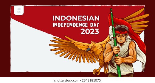 Indonesian Independence Day 2023 with illustrations of heroes and cool eagle wings