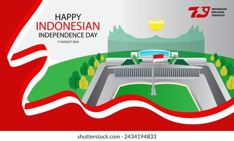 INDONESIAN INDEPENDENCE DAY BACKGROUND WITH INDEPENDENCE MONUMENT RIBBON FLAG IKN VECTOR, INDONESIAN MONUMENT VECTOR INDONESIA MAJU , INDONESIA FLAG, INDONESIAN NUSANTARA VECTOR, IBU KOTA NEGARA