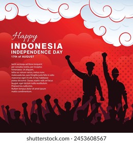 Indonesian Independence Day banner with Silhouette of people raising their hands on the cloud 