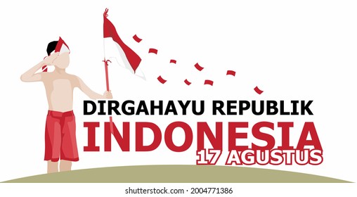 Indonesian independence day banner template with children's cartoon illustration, Dirgahayu means celebration on 17 august