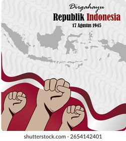 Indonesian Independence Day with a batik background and hands clenching a wavy flag.