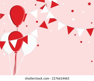 Indonesian independence day birthday with balloons, flags and copy space area on pink background for greetings