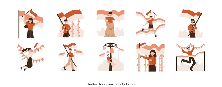 Indonésia Dia da Independência Personagens conjunto de ilustração plana. Incluir de feliz, indonésio, celebração, bandeira e cerimônia. Ilustração vetorial isolada.