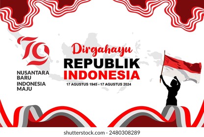 Indonesian Independence Day concept banner, translation 'Happy anniversary of the Republic of Indonesia, 17 August 1945 - 17 August 2024' 79th independence day with the slogan Nusantara Baru Indonesia