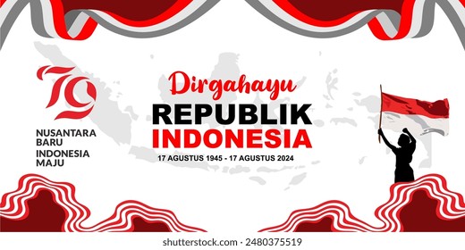 Anuncio conceptual del Día de la Independencia de Indonesia, traducción 'Feliz aniversario de la República de Indonesia, 17 de agosto de 1945 - 17 de agosto de 2024' 79° Día de la Independencia con el lema Nusantara Baru Indonesia