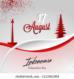 Indonesian Independence Day concept with illustration of Pura Taman Ayun, Hindu Temple and National Monument in national flag colors background. 