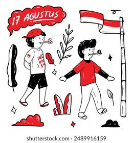 Doodle del Día de la Independencia de Indonesia. Alegre celebración del Día de la Independencia de Indonesia con vibrantes banderas, desfiles y festividades culturales