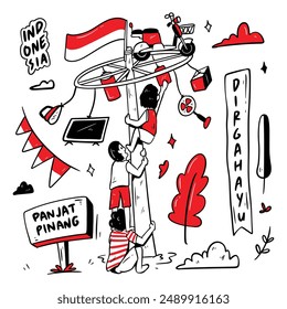 Doodle del Día de la Independencia de Indonesia. Alegre celebración del Día de la Independencia de Indonesia con vibrantes banderas, desfiles y festividades culturales