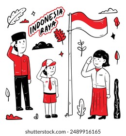 Doodle del Día de la Independencia de Indonesia. Alegre celebración del Día de la Independencia de Indonesia con vibrantes banderas, desfiles y festividades culturales