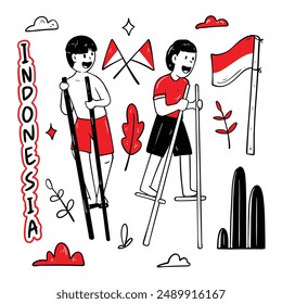 Doodle del Día de la Independencia de Indonesia. Alegre celebración del Día de la Independencia de Indonesia con vibrantes banderas, desfiles y festividades culturales