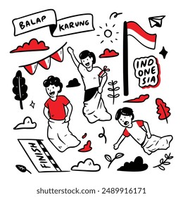 Doodle del Día de la Independencia de Indonesia. Alegre celebración del Día de la Independencia de Indonesia con vibrantes banderas, desfiles y festividades culturales