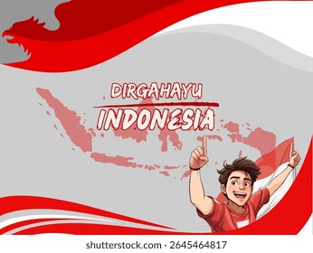Indonesian Independence Day flyer template with silhouette, flag as background, indonesia map and garuda bird head. Can be used as poster, banner and greeting card