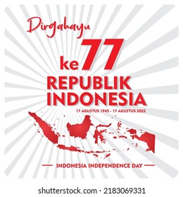 Indonesian independence day greeting card with map illustration concept of Indonesia on light gray background. Dirgahayu means long live the republic of Indonesia