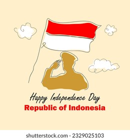 Indonesian Independence Day Greeting Card Design with line art drawing technique. With a silhouette illustration of a war veteran soldier saluting the red and white flag. Vector illustration.

