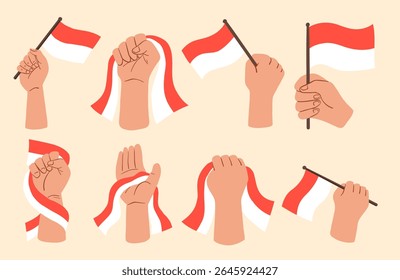 Indonesian Independence Day Hand Icon. A bold collection of hands holding waving and gripping the Indonesian flag or ribbon in celebration of independence. Perfect for patriotic posters national day