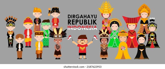 Afiche del Día de la Independencia de Indonesia con algunas personas usando disfraces tradicionales.