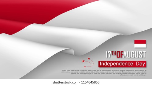 Indonesian Independence day horizontal web banner. Patriotic background with realistic waving indonesian flag. National traditional holiday vector illustration. Indonesia republic day celebrating