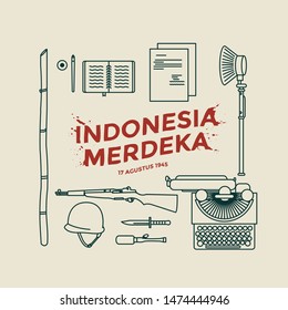 Indonesian independence day icon set with beige background