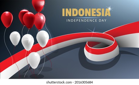 Indonesian independence day illustration with red and white balloons, red and white ribbon