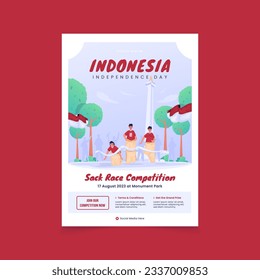 Indonesian independence day with illustration of sack race competition on poster design