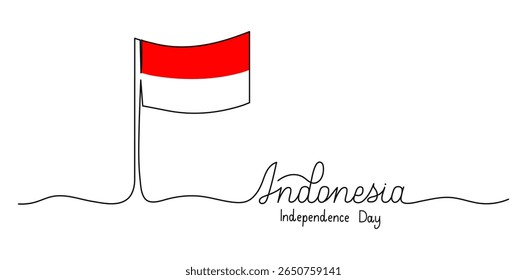 Indonesian Independence Day Lettering Celebration. Typography Text Banner template. Editable stroke hand drawn greeting. One continuous line art background with flag. Outline drawing for poster card