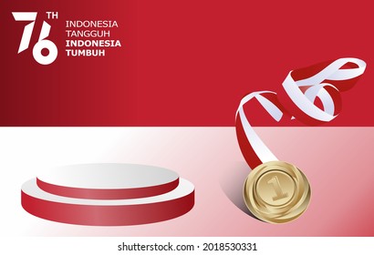 Decoración o exhibición del podio del día de la independencia indonesia. cinta roja de medalla de oro. Feliz 76° Día de la Independencia de Indonesia, 17 de agosto, año de indonesia