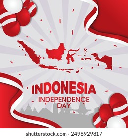Indonesian Independence Day Social Media Post with Map, Balloons, and Silhouette Background