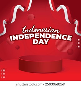 Indonesian Independence Day, square template banner podium, red background for graphic design and greeting needs.